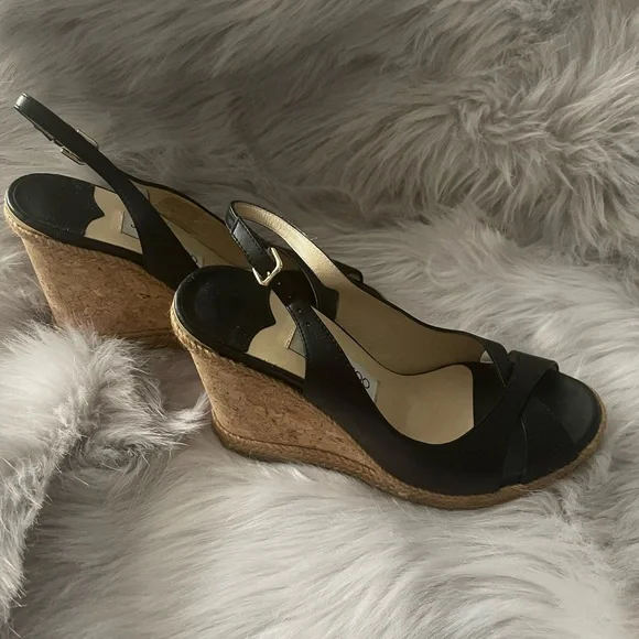 Jimmy Choo Amely 105 Slingback Cork Platform Wedge Sandals Black